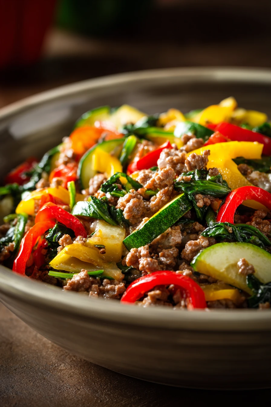 When Dinner Calls for a High Protein Low Carb Ground Beef Skillet 2 Close-up of a high protein low carb dish with ground beef, garnished with herbs
