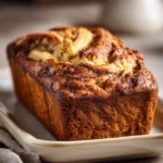 Close-up of homemade cinnamon swirl banana bread with a golden crust and visible swirls.