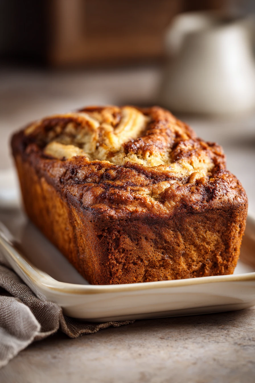 Close-up of homemade cinnamon swirl banana bread with a golden crust and visible swirls.