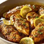 Close-up of a honey lemon chicken skillet with golden brown chicken and lemon slices