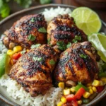 Jerk Chicken Freezer Meal for Those Busy Weeknight Cravings 3 Close-up of jerk chicken with vibrant spices and herbs, perfect for a freezer meal.