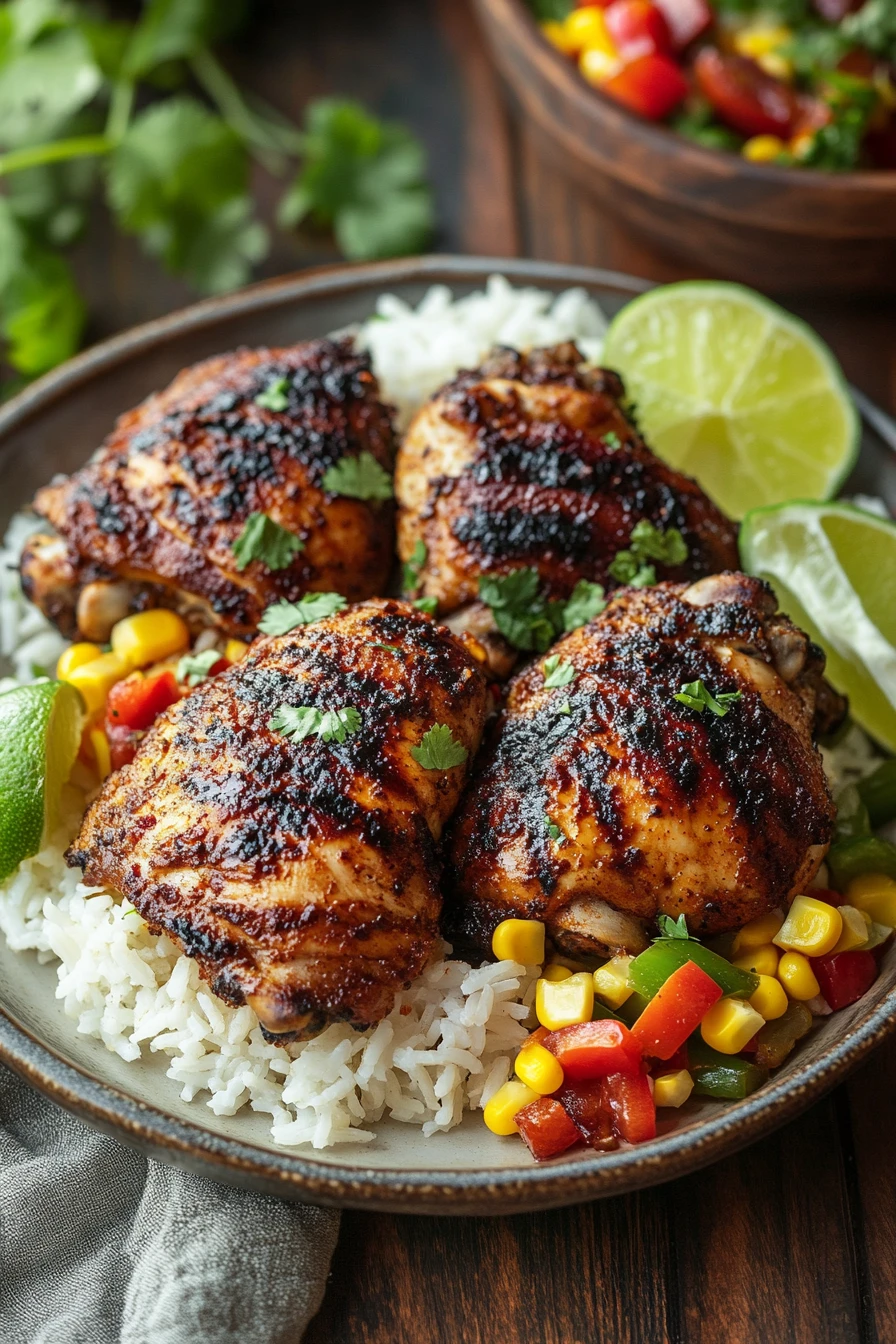 Jerk Chicken Freezer Meal for Those Busy Weeknight Cravings 2 Close-up of jerk chicken with vibrant spices and herbs, perfect for a freezer meal.