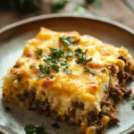 Jiffy Corn Casserole with Ground Beef for Cozy Weeknight Dinners 3 Close-up of jiffy corn casserole with ground beef, topped with melted cheese and herbs.