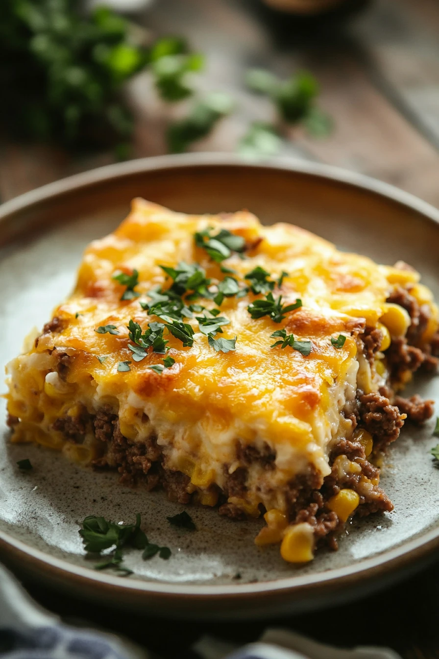 Jiffy Corn Casserole with Ground Beef for Cozy Weeknight Dinners 2 Close-up of jiffy corn casserole with ground beef, topped with melted cheese and herbs.