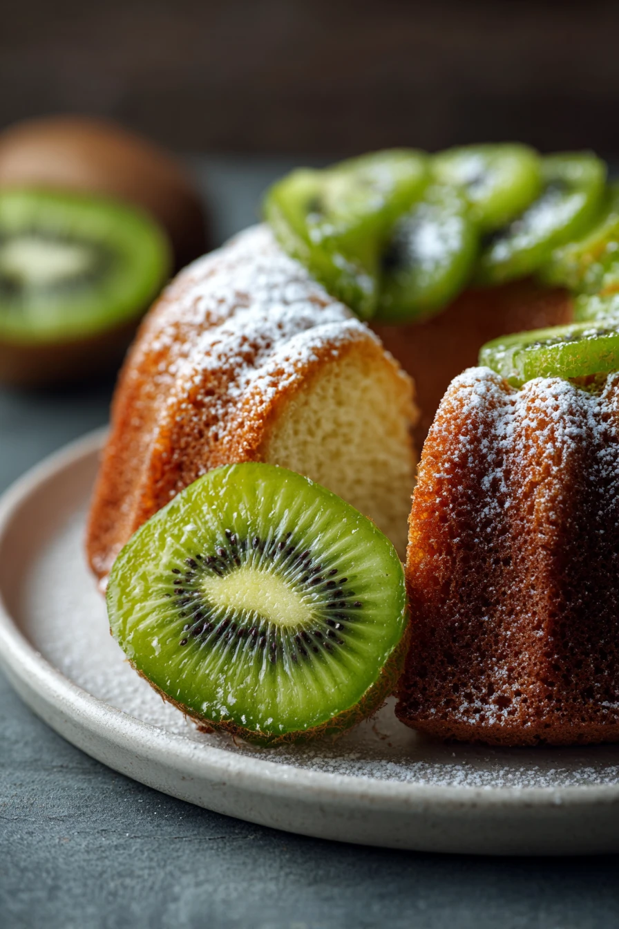 Kiwi Yogurt Cake for When You Crave Something Light and Fruity 2 Close-up of a kiwi yogurt cake with fresh kiwi slices on top, bright and appetizing.