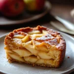 Close-up of a layered protein apple cake with visible apple slices and creamy layers.