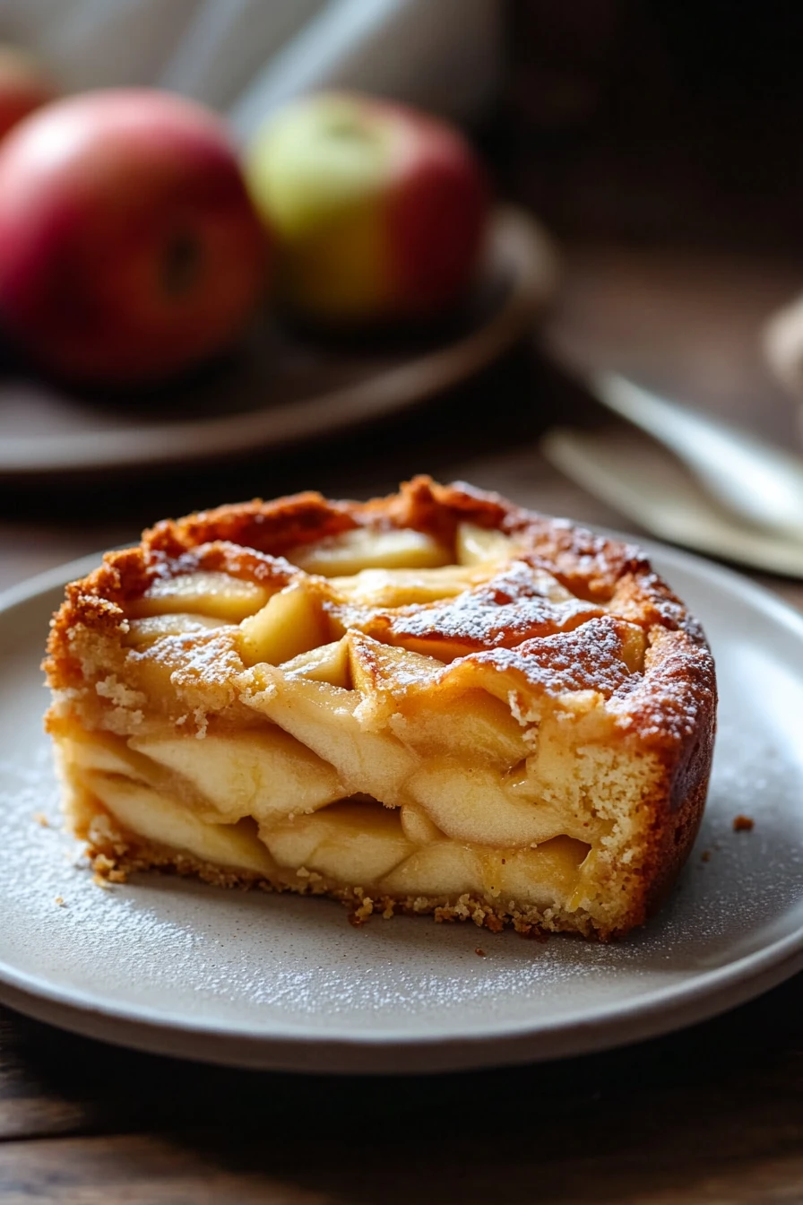 Close-up of a layered protein apple cake with visible apple slices and creamy layers.