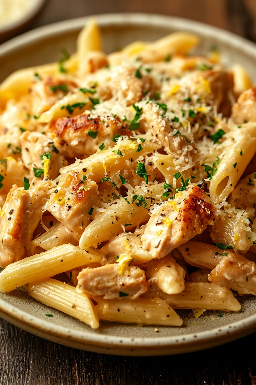 Lemon Chicken Pasta Dinner for When You Need a Bright, Quick Meal 2 Close-up of lemon chicken pasta dinner with bright, natural lighting