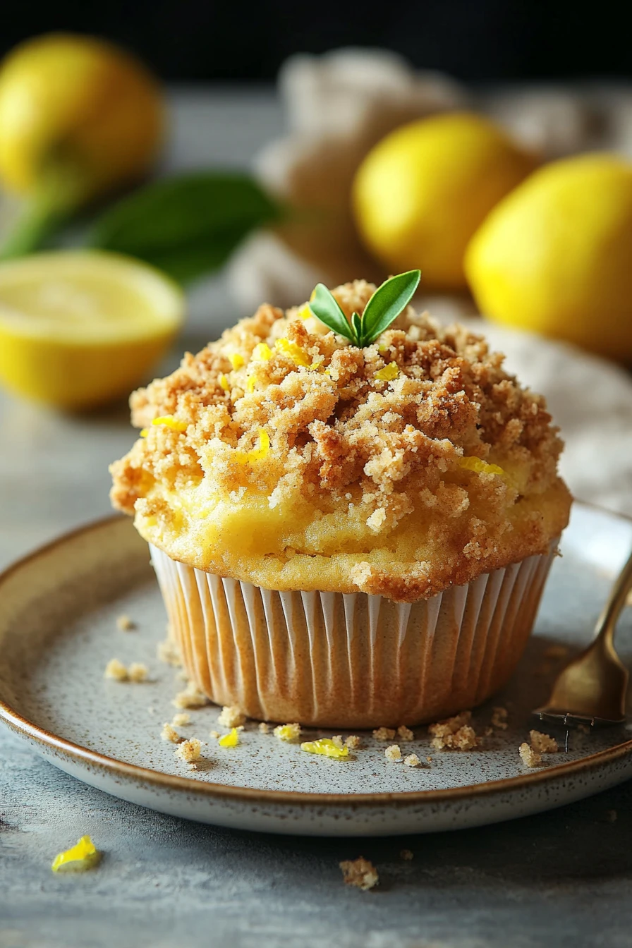 Close-up of lemon muffin crumble with a golden topping and fresh lemon slices.