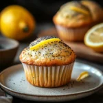 Close-up of a lemon poppyseed muffin with visible poppy seeds and a golden crust