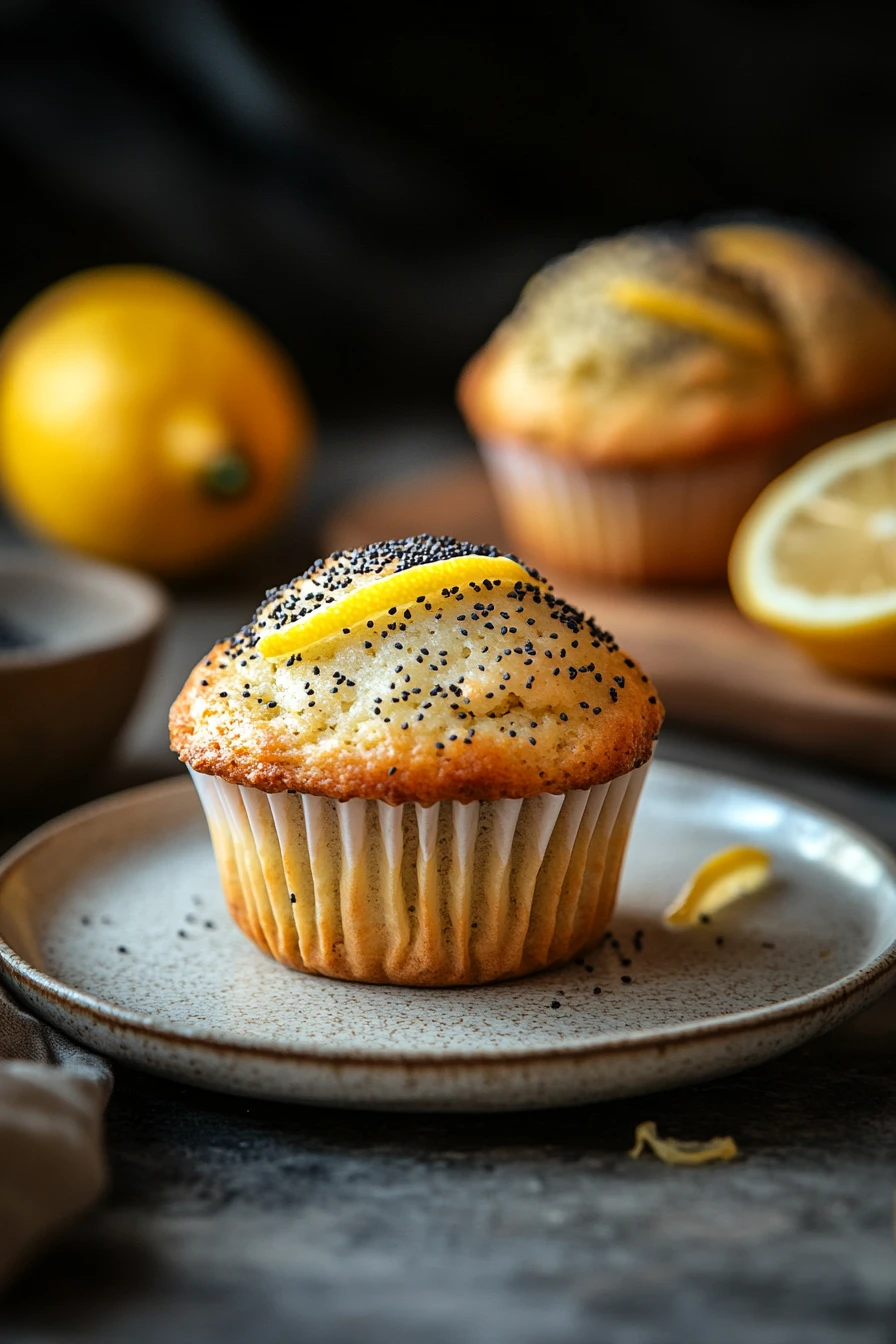 Close-up of a lemon poppyseed muffin with visible poppy seeds and a golden crust