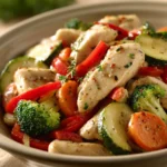 A Quick Low Calorie Chicken and Veggie Stir-Fry for Busy Weeknights 3 Close-up of a low calorie chicken and veggie dish with bright colors and fresh ingredients.