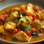 Close-up of a vibrant low calorie chicken curry with creamy sauce and herbs