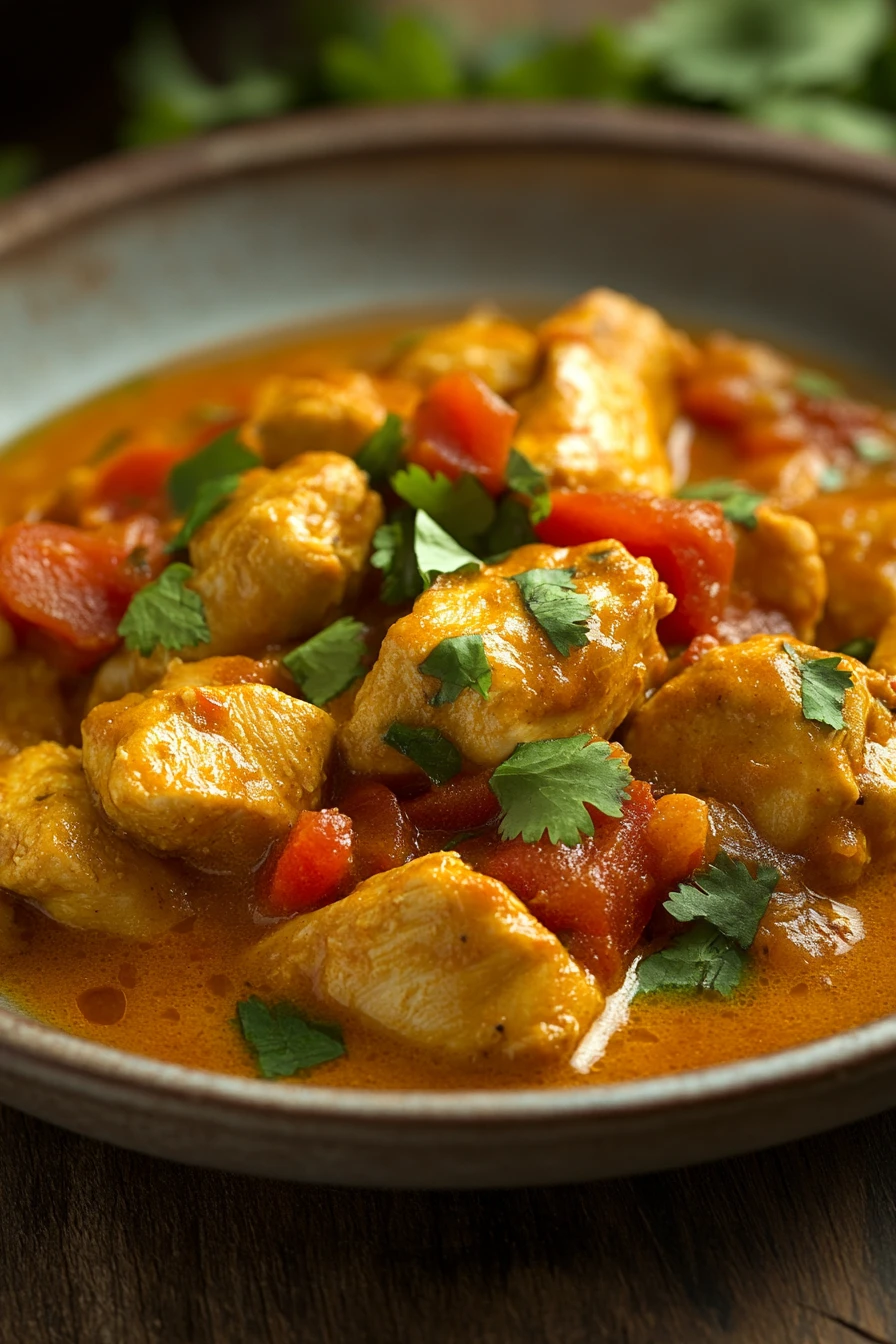 Close-up of a vibrant low calorie chicken curry with creamy sauce and herbs