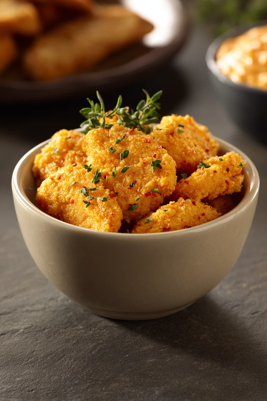 Close-up of low calorie chicken nugget dip with creamy sauce on a clean background