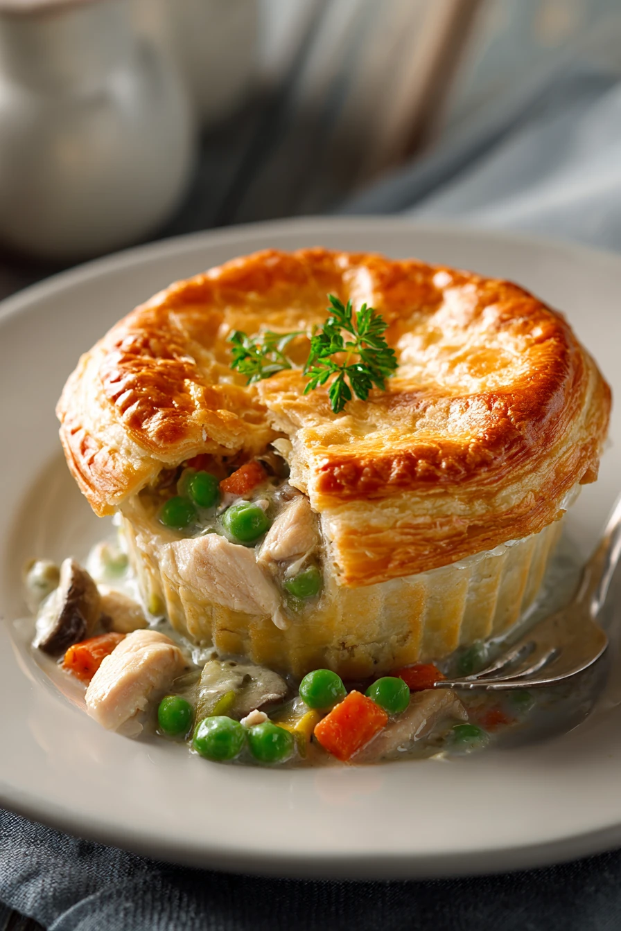 Golden crusted low calorie chicken pie with a creamy filling