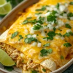 Close-up of make ahead chicken enchiladas verde with melted cheese and green sauce