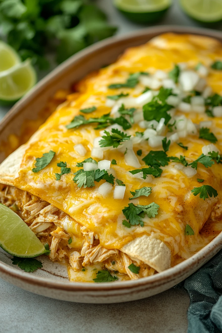 Close-up of make ahead chicken enchiladas verde with melted cheese and green sauce