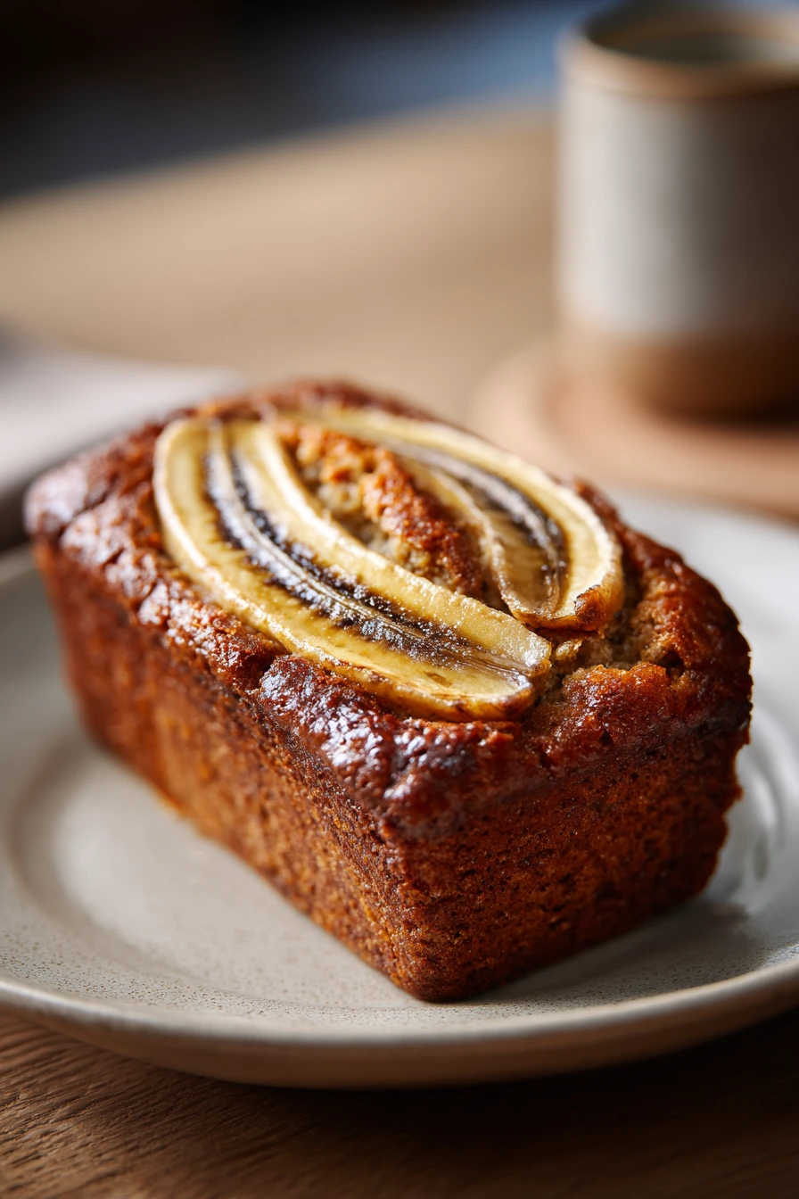 Close-up of maple banana bread with a warm, inviting texture and golden crust.
