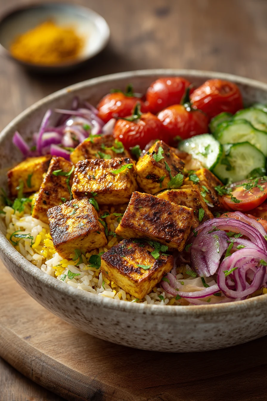 When You Need a Comforting Middle Eastern Tofu Rice Bowl Tonight 2 Close-up of a Middle Eastern Tofu Rice Bowl with vibrant vegetables and tofu on a clean background.