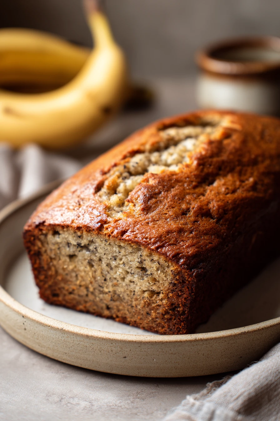Close-up of a moist banana bread slice with a golden crust and soft interior.