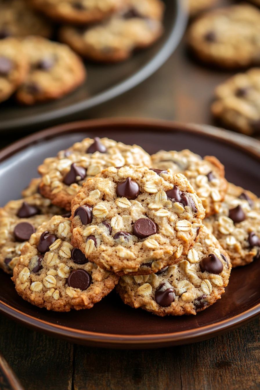 Close-up of oatmeal chocolate chip cookies in a glass jar with a clean background