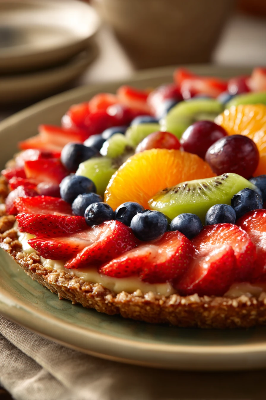 When Afternoon Cravings Hit: Oatmeal Cookie Fruit Pizza to the Rescue 2 Close-up of an oatmeal cookie fruit pizza topped with fresh fruits on a clean background