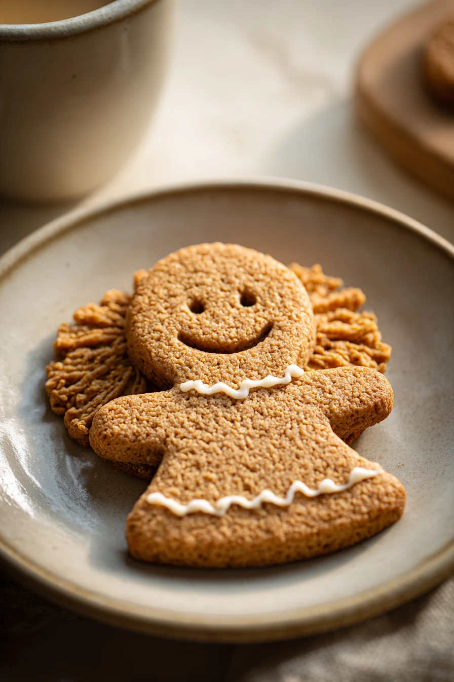 When Cozy Afternoons Call for Oatmeal Cookie Gingerbread Girl Treats 2 Close-up of delicious oatmeal cookie gingerbread girl with warm lighting and minimal background.