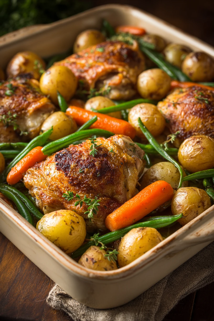 One Pan Chicken Thigh Dinner For When You Need Dinner Done Fast 2 Close-up of a one pan chicken thigh dinner with creamy sauce and herbs