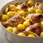 One-Pot Buttermilk Chicken and Potatoes Casserole for Cozy Nights In 3 Close-up of a one-pot buttermilk chicken and potatoes casserole with creamy sauce.