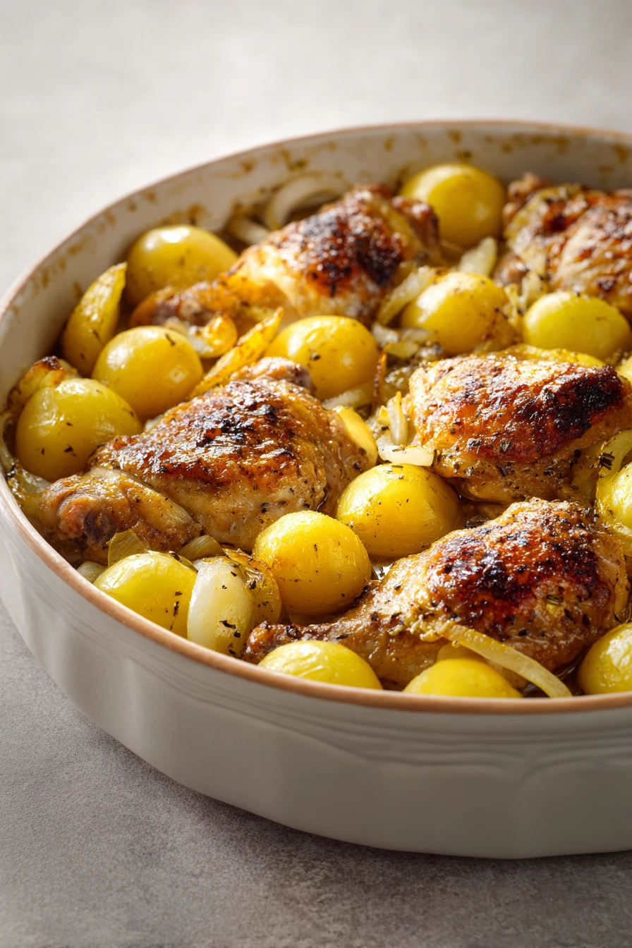 One-Pot Buttermilk Chicken and Potatoes Casserole for Cozy Nights In 2 Close-up of a one-pot buttermilk chicken and potatoes casserole with creamy sauce.