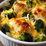 Close-up of a cheesy chicken broccoli casserole with golden cheese and tender chicken pieces.