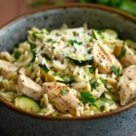 Close-up of one pot chicken orzo with zucchini in a warm, inviting setting.