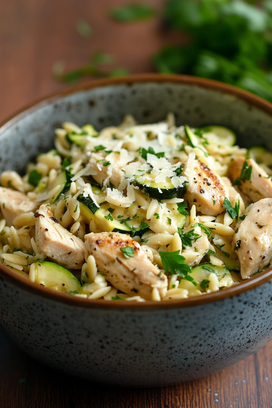 Close-up of one pot chicken orzo with zucchini in a warm, inviting setting.