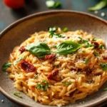 Close-up of one pot creamy sun dried tomato orzo with herbs and cheese