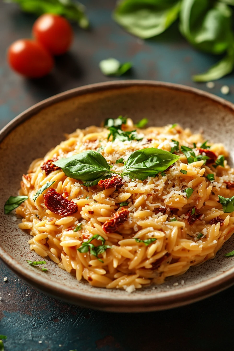 Close-up of one pot creamy sun dried tomato orzo with herbs and cheese