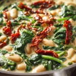 Close-up of a creamy Tuscan bean and sundried tomato skillet with herbs
