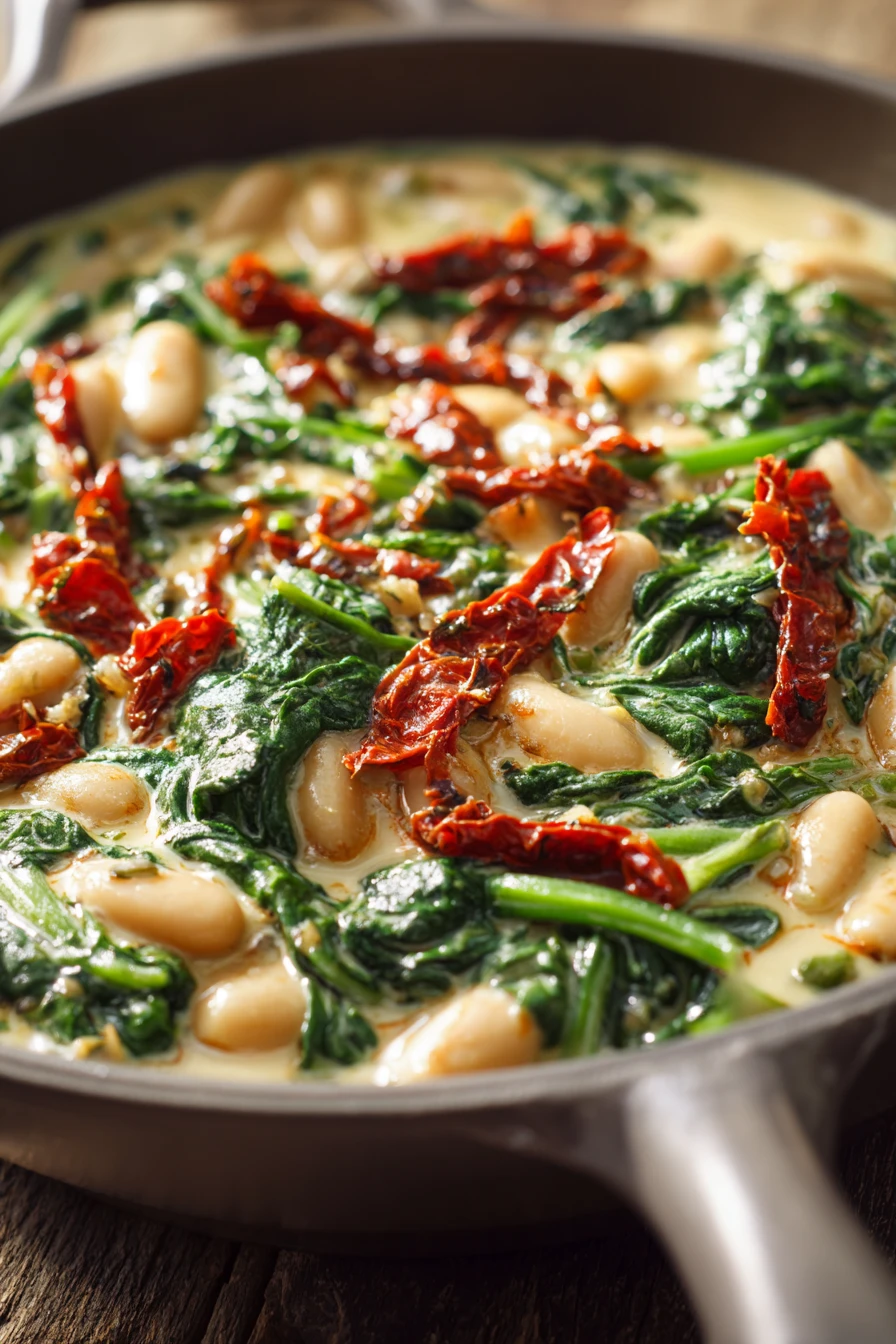 Close-up of a creamy Tuscan bean and sundried tomato skillet with herbs