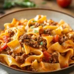 Close-up of one pot ground beef noodles with fresh herbs and a creamy sauce