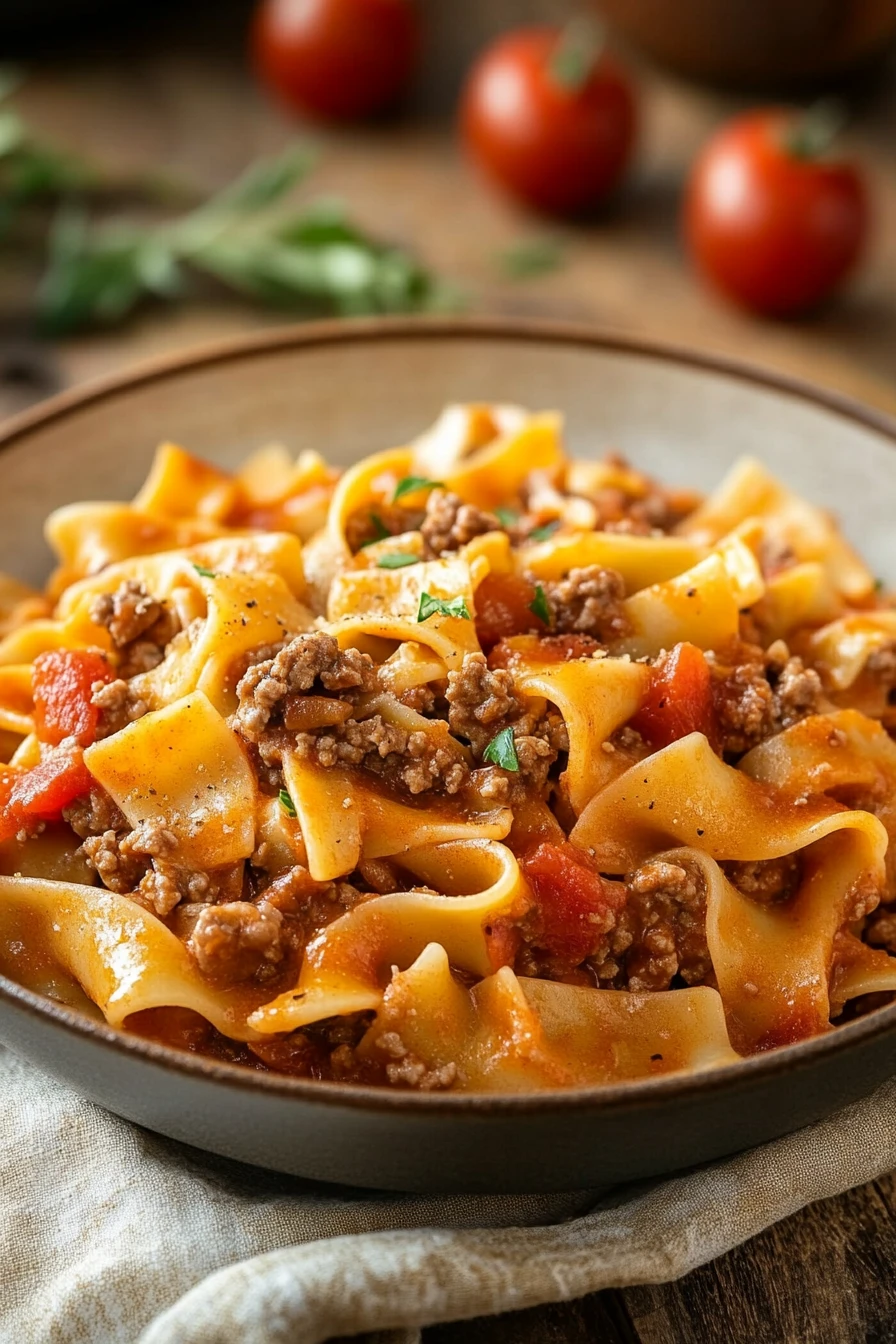 Close-up of one pot ground beef noodles with fresh herbs and a creamy sauce