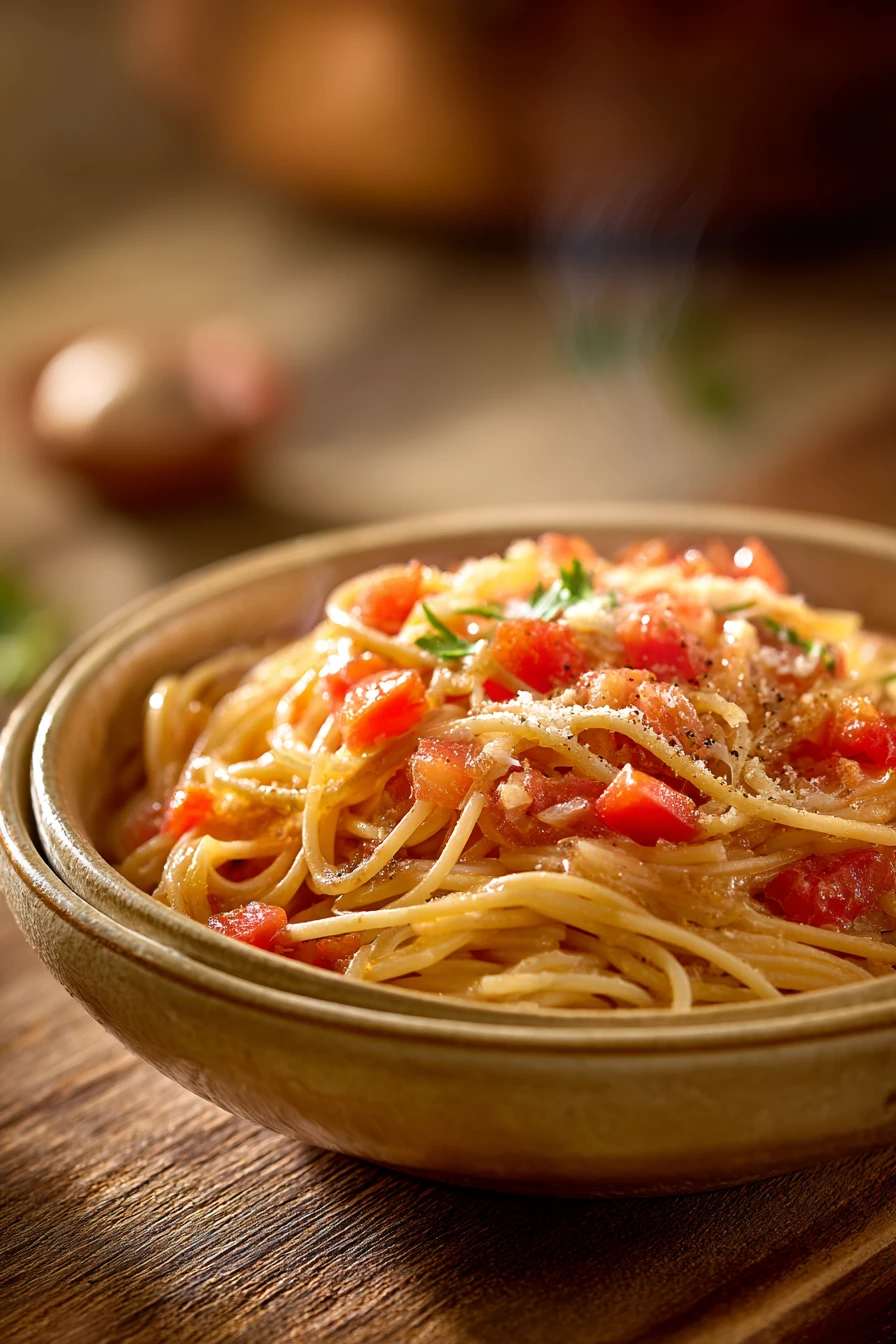 Close-up of one pot pasta with visible textures and clean background
