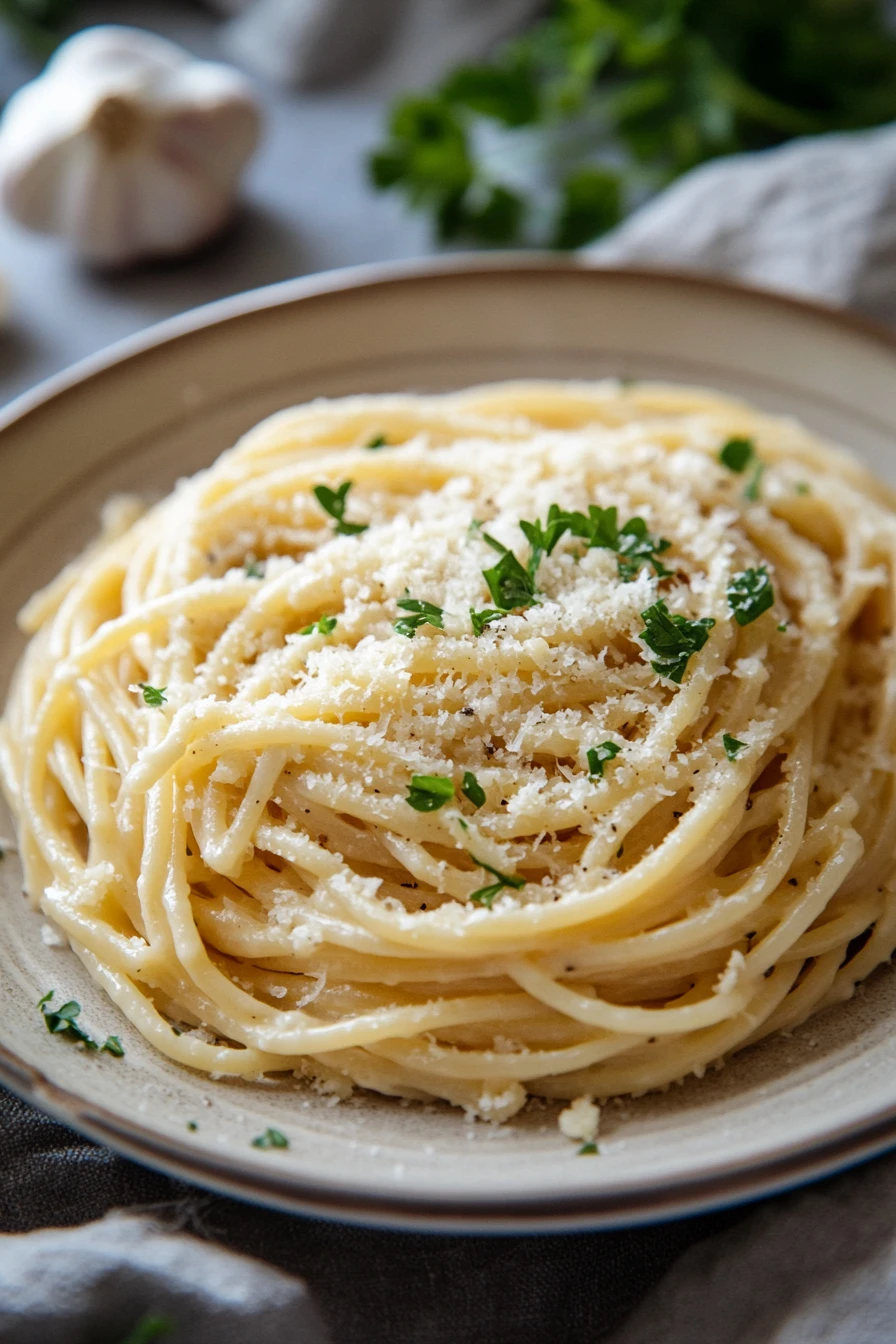 Close-up of creamy parmesan pasta in a white bowl with a sprinkle of herbs