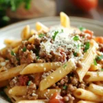 Close-up of one pot pasta with ground beef and creamy sauce, garnished with herbs.