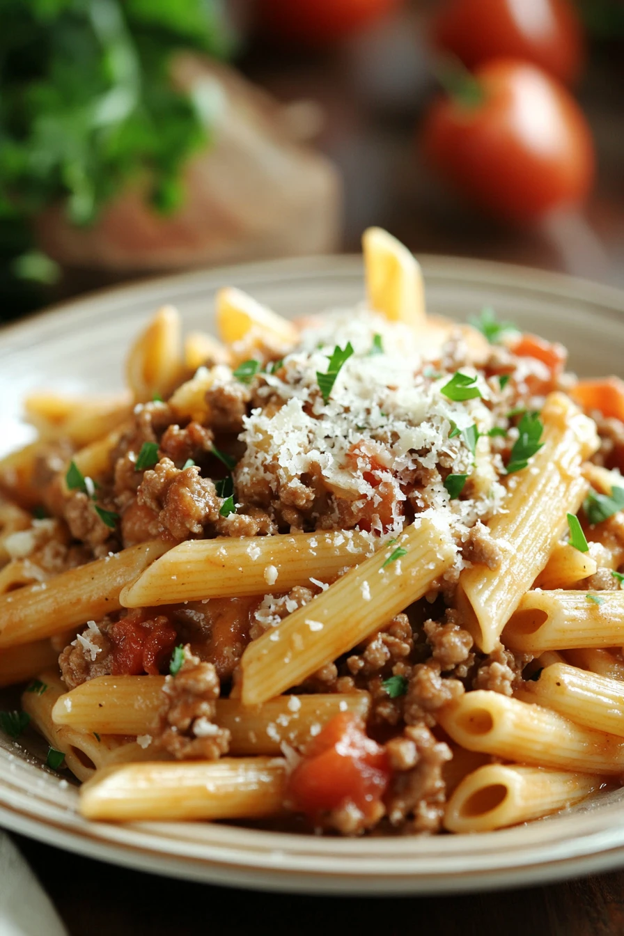 Close-up of one pot pasta with ground beef and creamy sauce, garnished with herbs.
