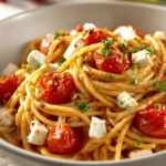 One Pot Pasta mit Feta und Tomaten für entspannte Abende zu Hause 3 Close-up of one pot pasta with feta and tomatoes, garnished with herbs.