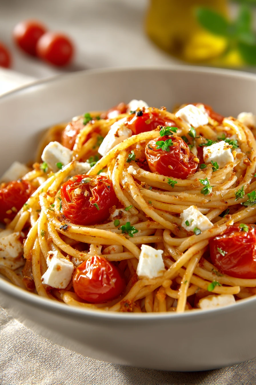 One Pot Pasta mit Feta und Tomaten für entspannte Abende zu Hause 2 Close-up of one pot pasta with feta and tomatoes, garnished with herbs.
