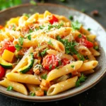 Close-up of one pot pasta with creamy sauce and vegetables
