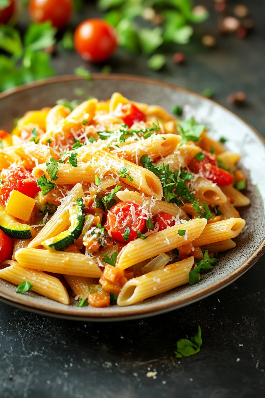Close-up of one pot pasta with creamy sauce and vegetables