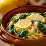One Pot Pasta Zitrone Spinat for When You Need Dinner in a Flash 3 Close-up of one pot pasta with creamy sauce and spinach, garnished with lemon zest.