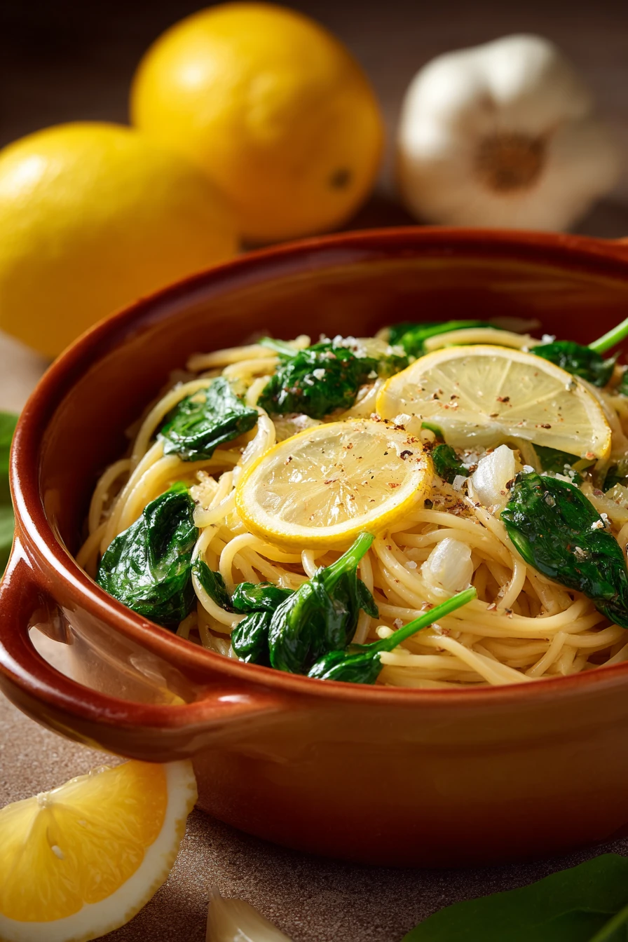 One Pot Pasta Zitrone Spinat for When You Need Dinner in a Flash 2 Close-up of one pot pasta with creamy sauce and spinach, garnished with lemon zest.